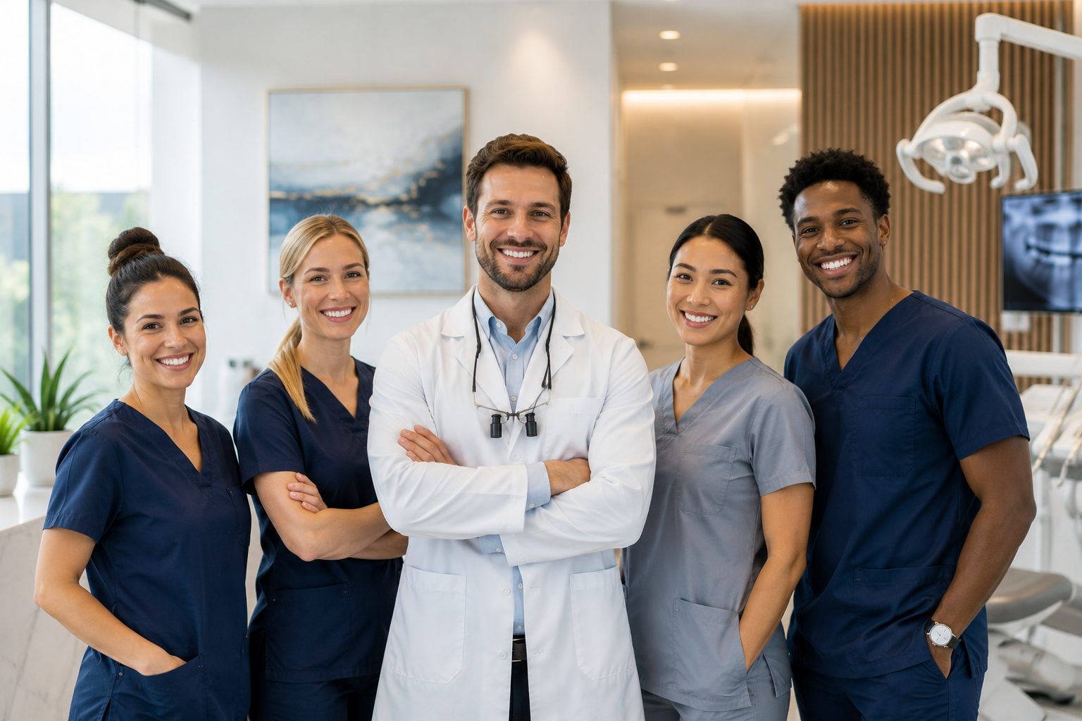 A team of physicians and clinic staff standing together in a modern Canadian medical practice.